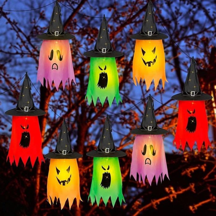 Set 7 Decoratiuni Halloween Fantome cu Palarie de Vrajitoare si LED