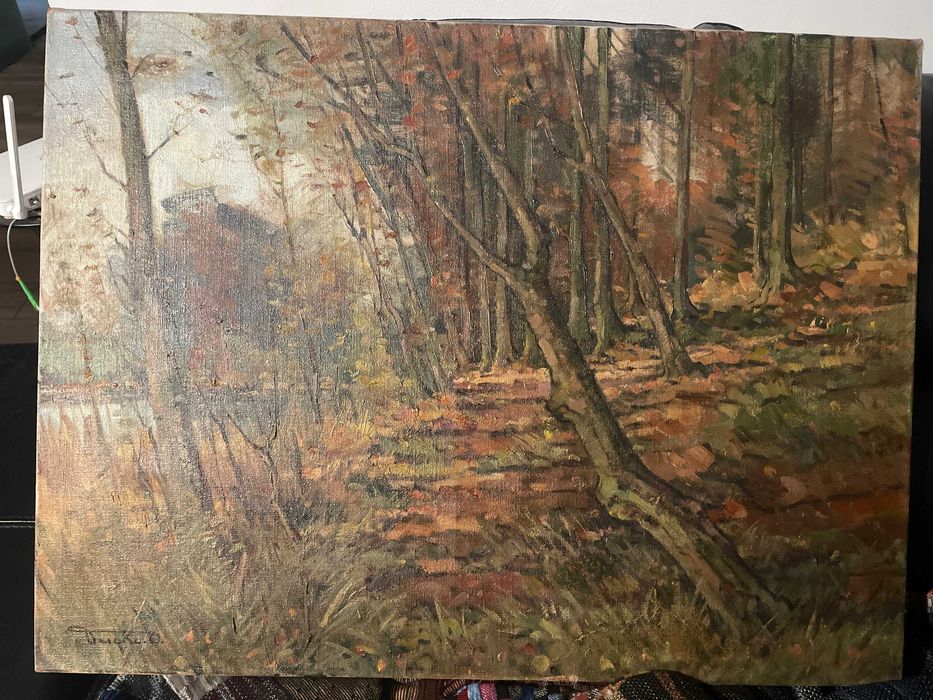 Tablou vechi ulei pe panza - Peisaj Padure - Semnat 80x60