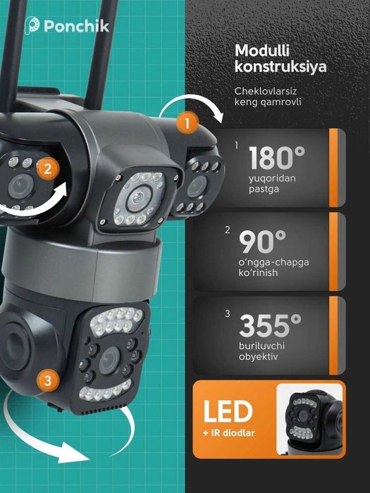 Kuzatuv kamerasi 4K WiFi/4G SIM bilan, V380 Pro, tungi ko‘rish, 360°