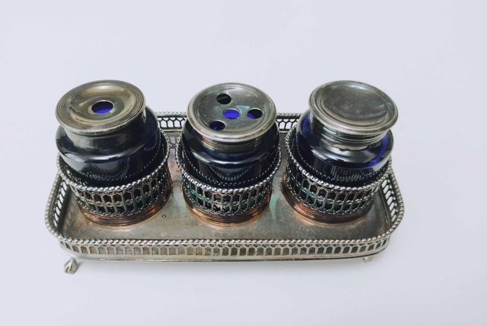 Veche calimara birou Sheffield, anii 1800, placata cu argint, cobalt
