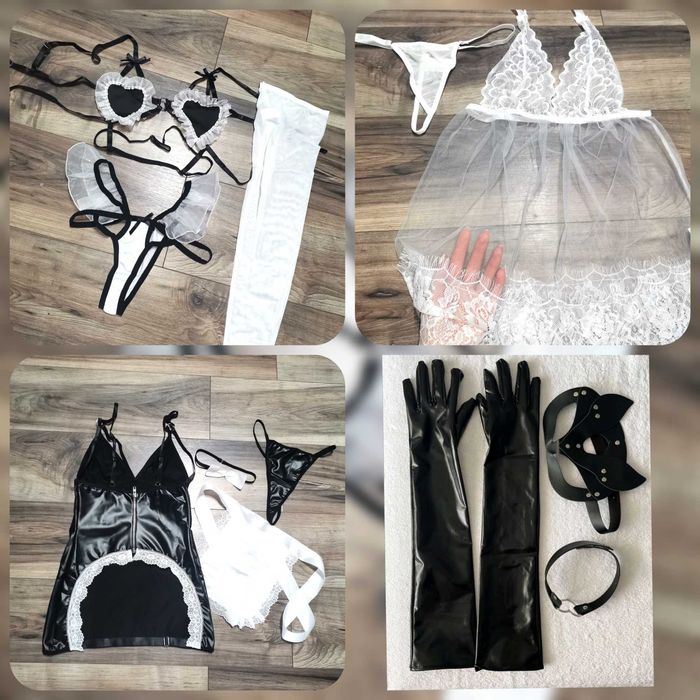 Секси костюм на камериерка сервитьорка кожени с прашки дълги чорапи