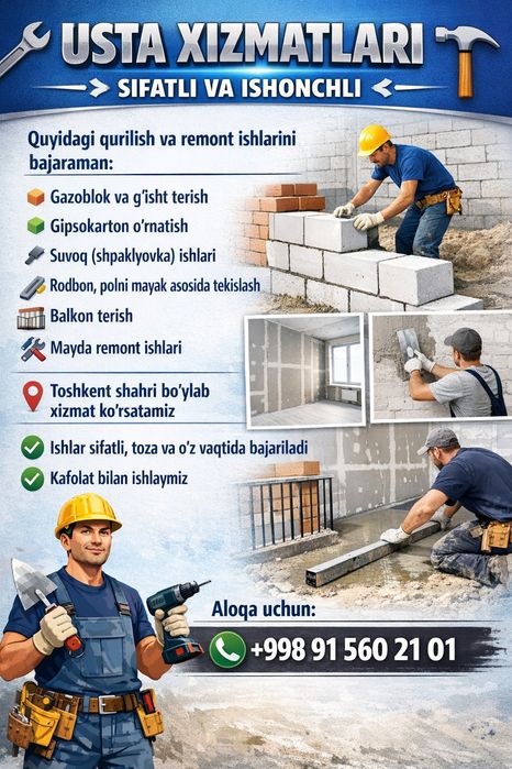 Usta xizmatlari – Sifatli va kafolatli.
