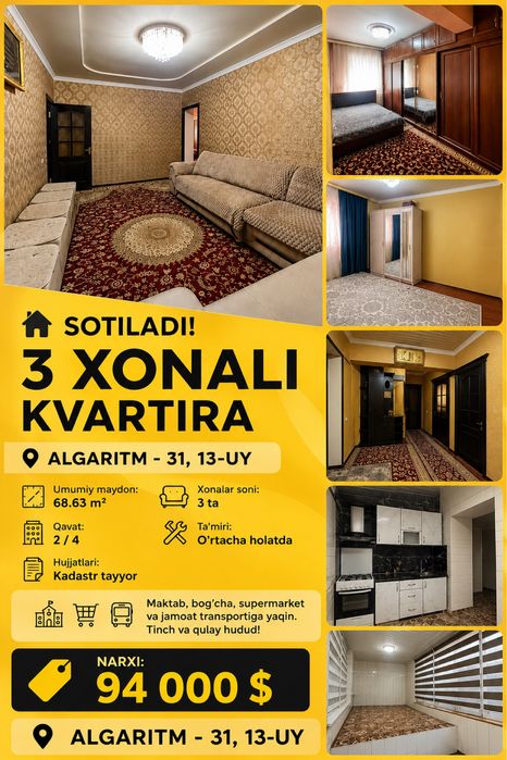 Sotiladi: 3 xonali kvartira – Algaritm 31, 13-uy