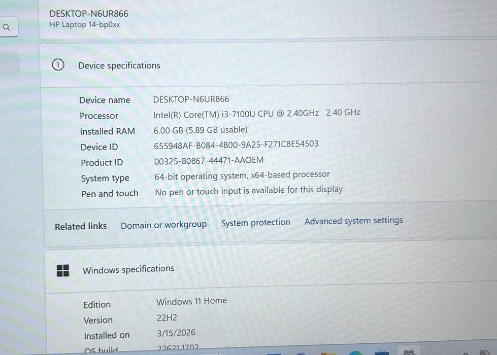 Laptop HP 14 Core i3-7100U 6GB SSD 128GB Windows 11 14 Inch