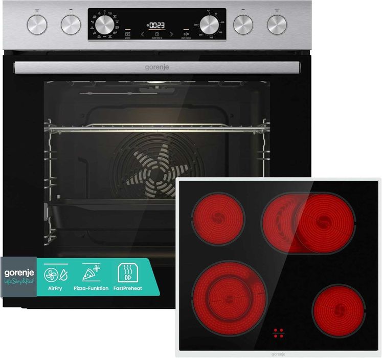 Gorenje Built-in hob set hot air Inox set 4 with glass ceramic hob / 77 L / telescopic pull-outs / stainless steel look [Energy Class A]