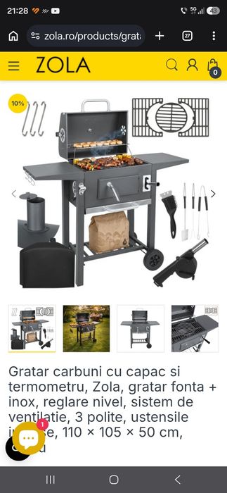 Gratar carbuni cu capac si termometru, Zola, gratar fonta + inox, reglare nivel, sistem de ventilatie, 3 polite, ustensile incluse, 110 x 105 x 50 cm