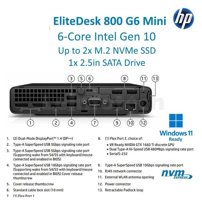 Mini PC Refurbished HP EliteDesk 800 G6, Intel Core i7-10700T, 16GB-32GB DDR4, 512GB-1TB SSD M.2 NVMe, Windows 10 Pro