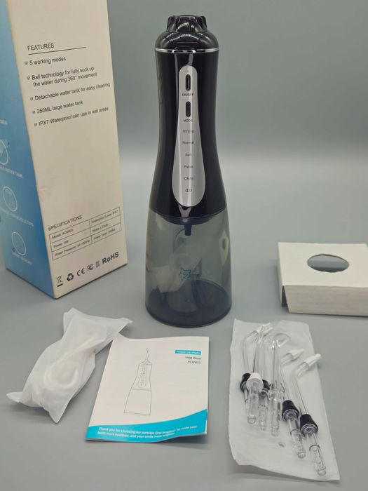 НОВ! Преносим зъбен душ  5 режима, 350 мл, IPX7, с 6 накрайника