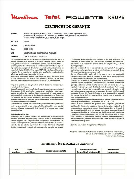 Aspirator cu spălare Rowenta Clean IT IN5020F0, nou, garanție