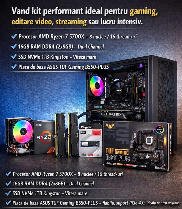 KIT AMD Ryzen 7 5700X  16GB RAM  SSD NVMe 1TB Kingston  ASUS TUF B550