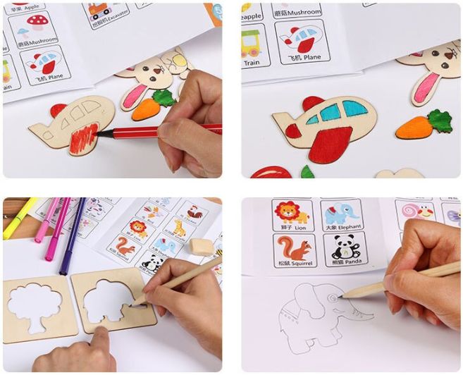 НАМАЛЕНИЯ Рисуване на шаблони и формички от дърво + флумастери с книжк