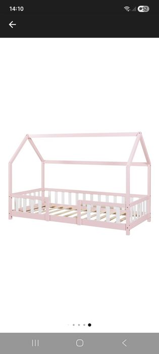 Pat cu saltea 90x200, căsuță, din lemn de brad, Montessori, roz