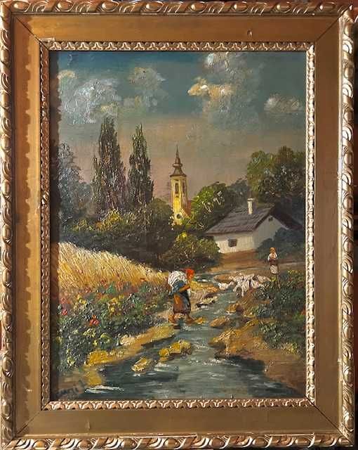 SUPERB Tablou VECHI, ulei/pânzî/carton. Semnat. 75x70cm