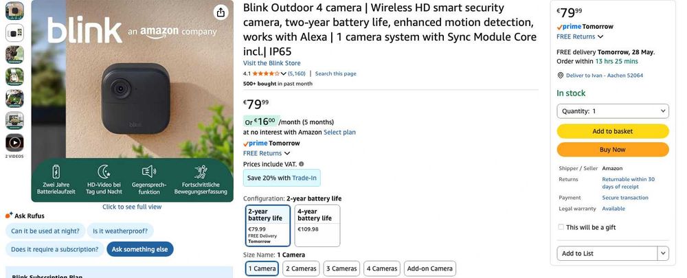 Blink Blink Outdoor 4 камера | Безжична HD смарт камера , подобрено засичане на движение u звънец с камера за наблюдение с гаранция от Amazon