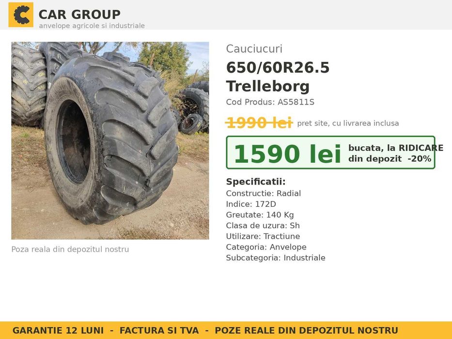 Anvelope Cauciucuri 650/60R26.5 650 60 R26.5 65060265 650 60R26.5 Trelleborg Buldo Incarcator Utilaje Radial SH Second Hand ANVELOPE Garantie 1 An