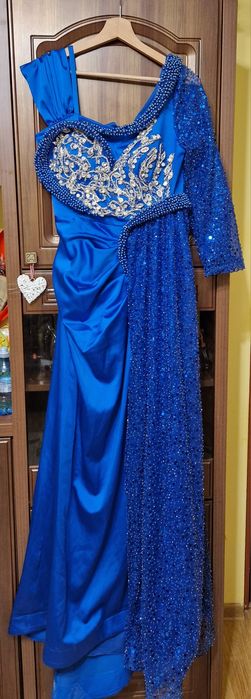 Rochie albastra ocazie, nunta, botez cu trena