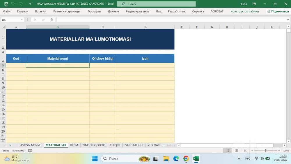 М29 MAO QURILISH HISOBI — Excel dasturida