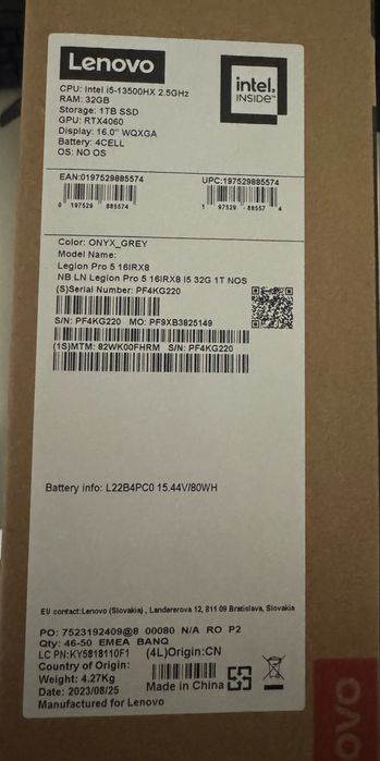 Laptop Gaming Lenovo Legion 5 PRO RTX 4060 (140W)/13500HX 32 GB DDR5