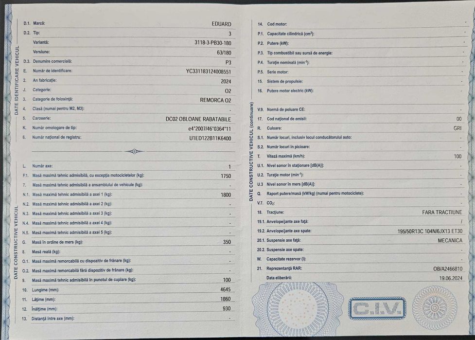 Remorca auto 1800 kg /an 2024 /obloane aluminiu