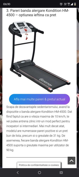 Banda de alergare Kondition HM-4500, desigilata, nefolosită, preț onest