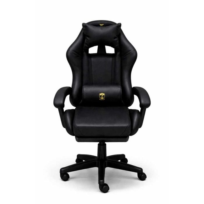Геймърски стол с масажна функция, поставка за крака, кожа, Черен.