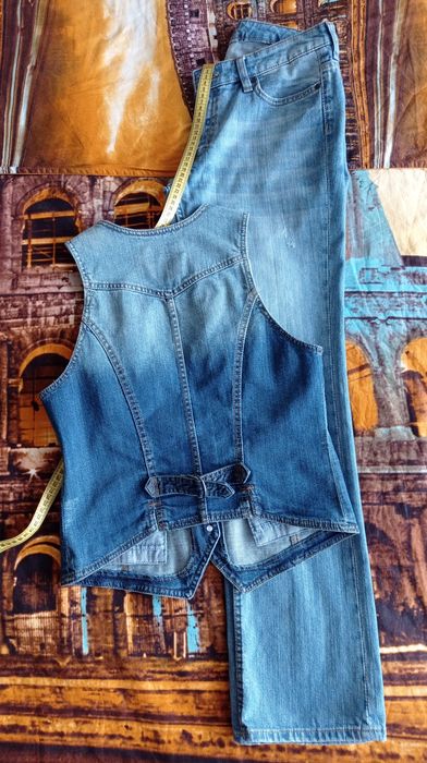 Сет от дамско елече и панталон от памучен деним, с подарък  шал