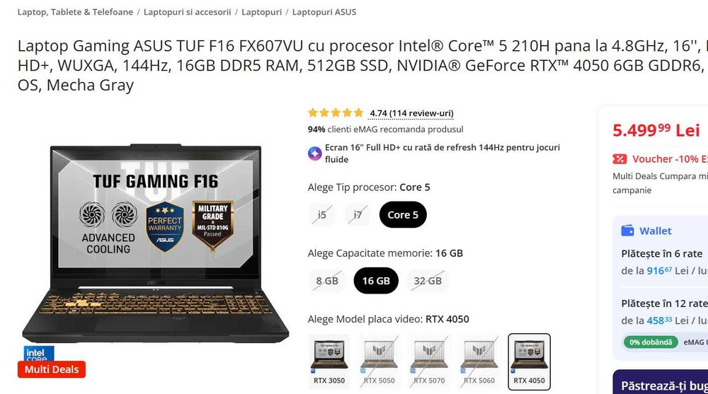 Laptop Gaming ASUS rtx 4050 8 gb  TUF F16 FX607VU