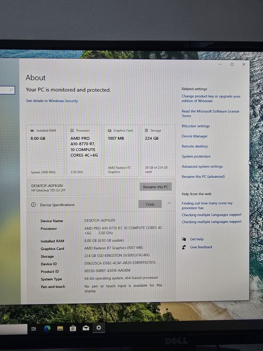 HP EliteDesk  705 G3, AMD A10, 8Gb Ram, 240 Gb Ssd
