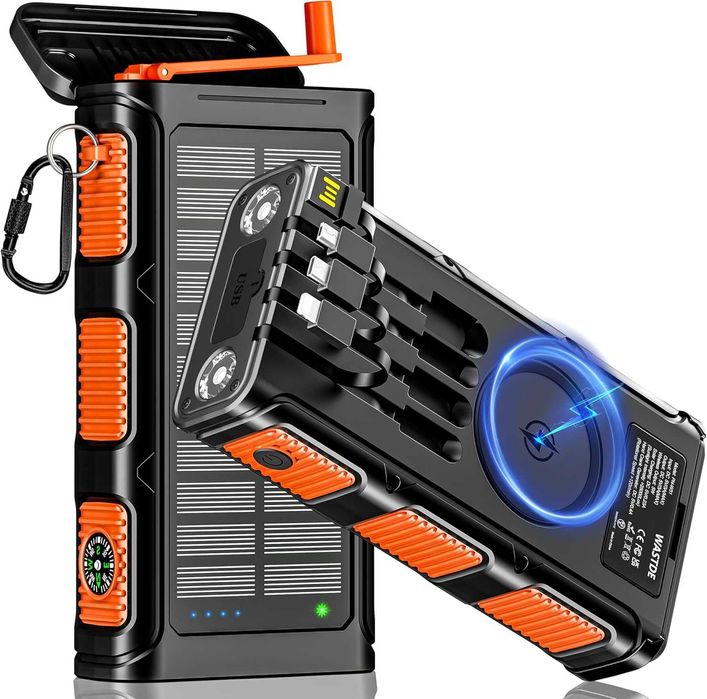 Baterie externă solară wireless 26800 mAh cu manivelă și 4 cabluri, încărcător solar Power Bank cu încărcare rapidă USB-C, 7 ieșiri și 4 intrări