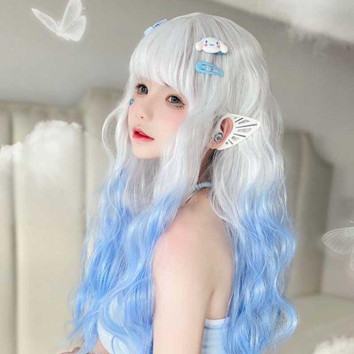 Kawaii Lolita Blue Gradient Чуплива аниме омбре перука бяла / синя