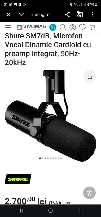 Shure SM7dB, Microfon Vocal Dinamic Cardioid cu preamp integrat, 50Hz-20kHz
