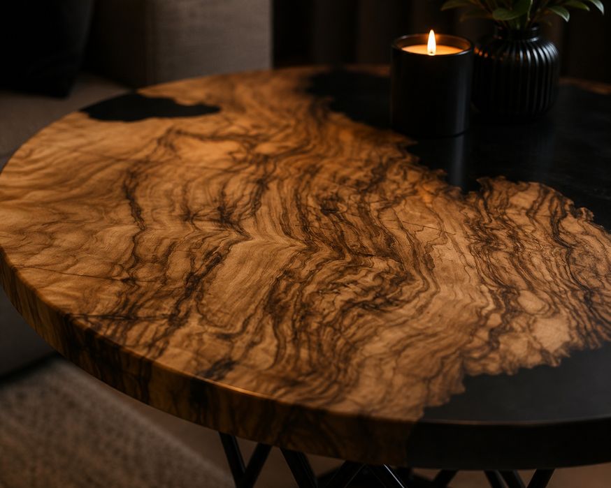 „Masă cafea epoxy din lemn de măslin premium handmade”