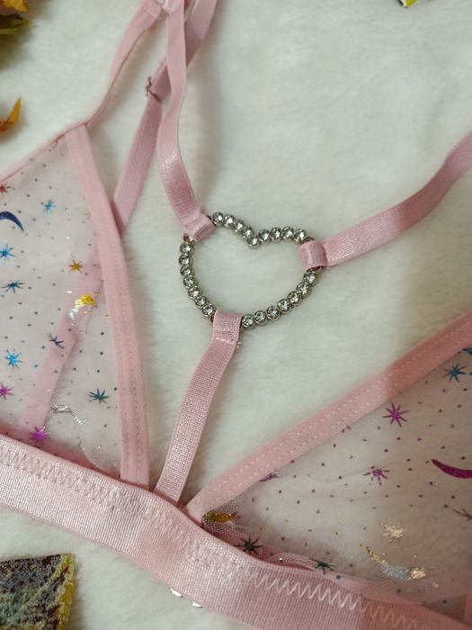 Sutien bustiera fantasy bondage Japan style roz cu steluțe și luna mărimea XS-S bust mic