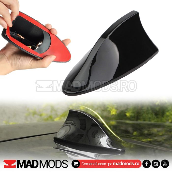 Antena scurta radio auto, Shark, Cu amplificare semnal, Negru lucios