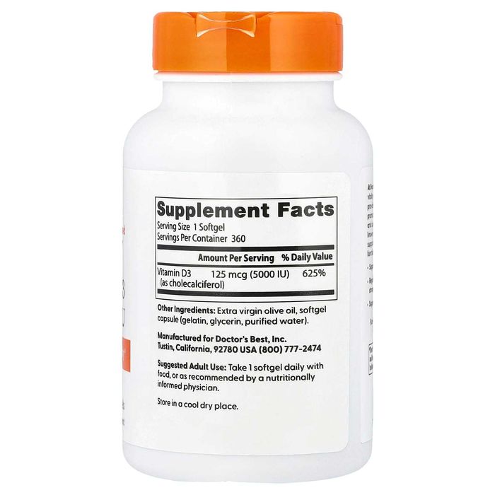 Витамин D3, Doctor's Best, 5000 МЕ, 360 капсул