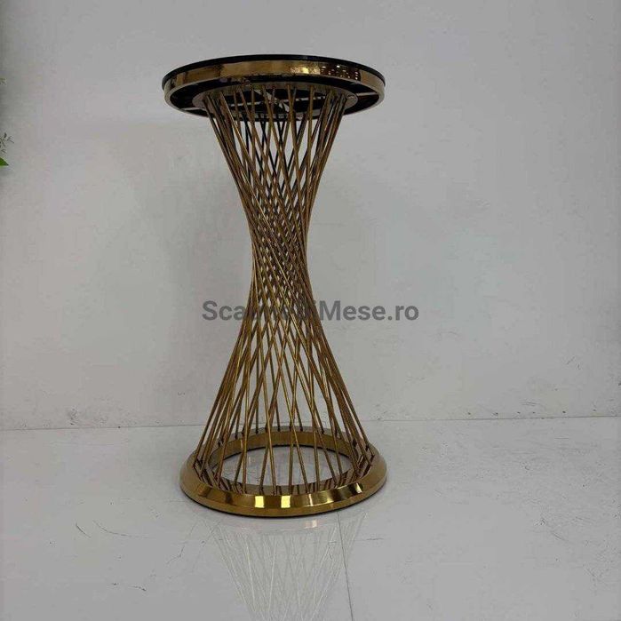 Masa Luxury Cocktail/Stand-Up, Baza Spirala Aurie, Blat Sticla Neagra