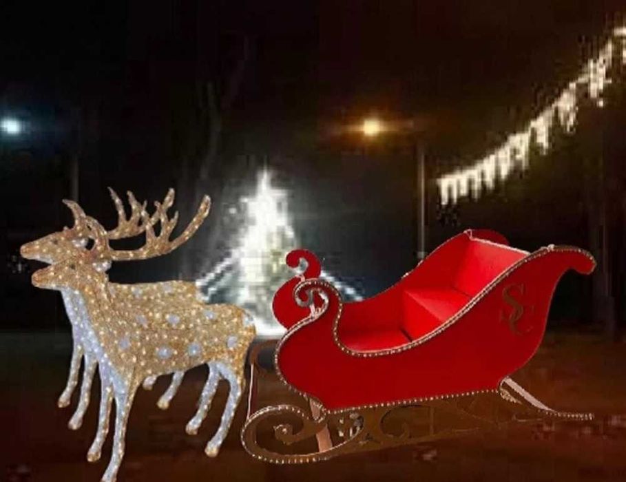 Sanie luminoasa cu reni de exterior, iluminat festiv, figurina Craciun