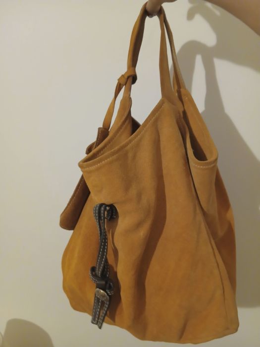 Geantă maxi din piele întoarsă naturală, culoare cognac/camel, foarte încăpătoare