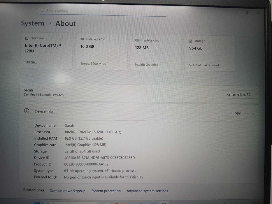 Dell Pro 14 Essential PV14250, Intel Core 5-120U, 16GB RAM, 1TB SSD