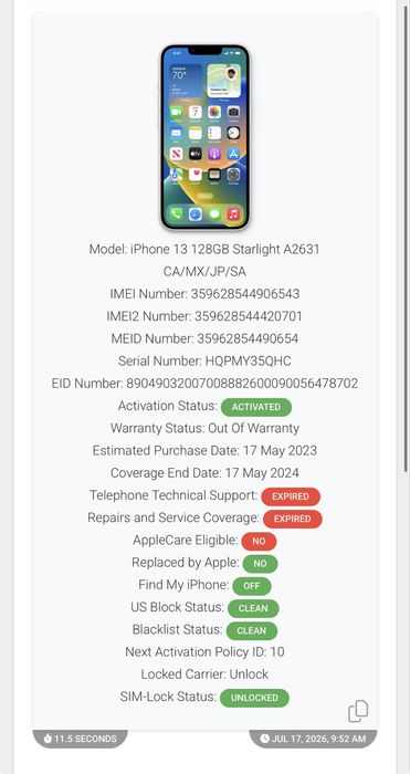 iPhone 13 128GB White 100% Neverlocked