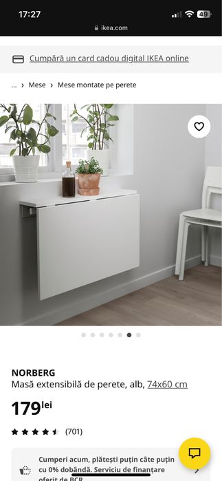 Masa rabatabila Ikea, Norberg, bucatarie, hol, debara, balcon