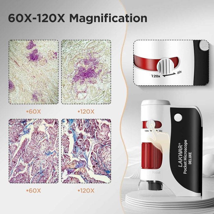 LAKWAR 60x-120x мини джобен микроскоп за деца с 5 предметни стъкла