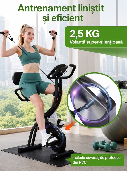 Bicicletă fitness pliabilă Sportneer 5 în 1 – nouă, cu spătar, benzi elastice și ecran LCD | Suportă până la 110 kg