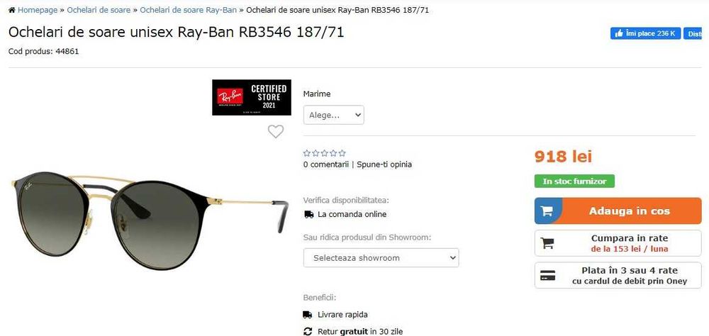Ochelari de soare Ray Ban originali, model unisex clasic elegant