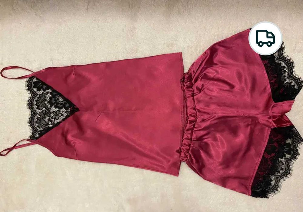 Lenjerie intima satin, top+pantalon scurt, roz inchis+dantela, nou, S