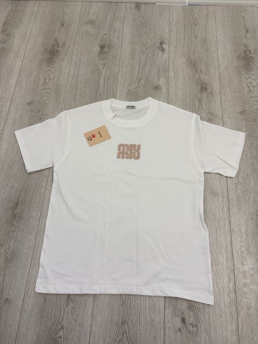 Tricou Miu Miu alb cu cristale roz