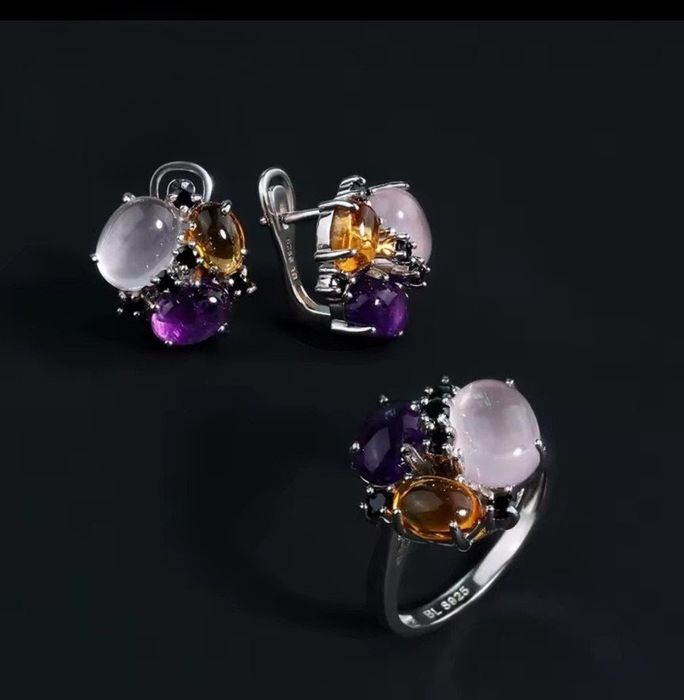 Сребърен комплект от естетствен розов кварц,аметист и цитрин