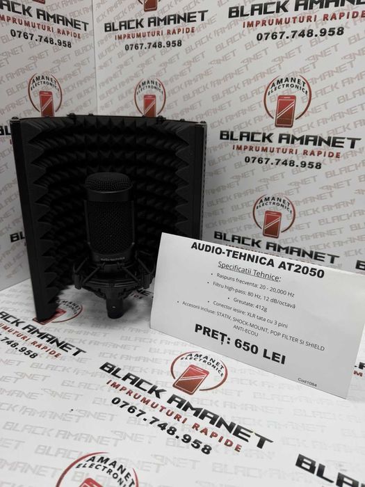 BLACK AMANET P2 • Microfon AUDIOTEHNICA AT2050 XLR + Stativ + Shockmount +popfilter + shield ecou