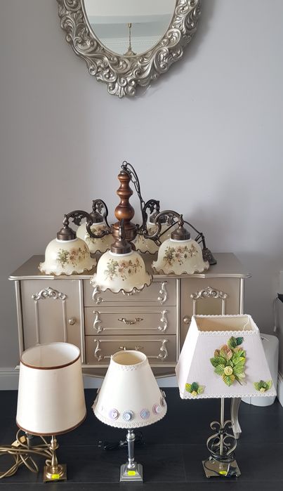 Candelabru/veioze vechi din bronz ceramică și lemn