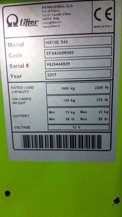 Transpalet electric Lifter HX10E 540 – 1000 kg, 12V,